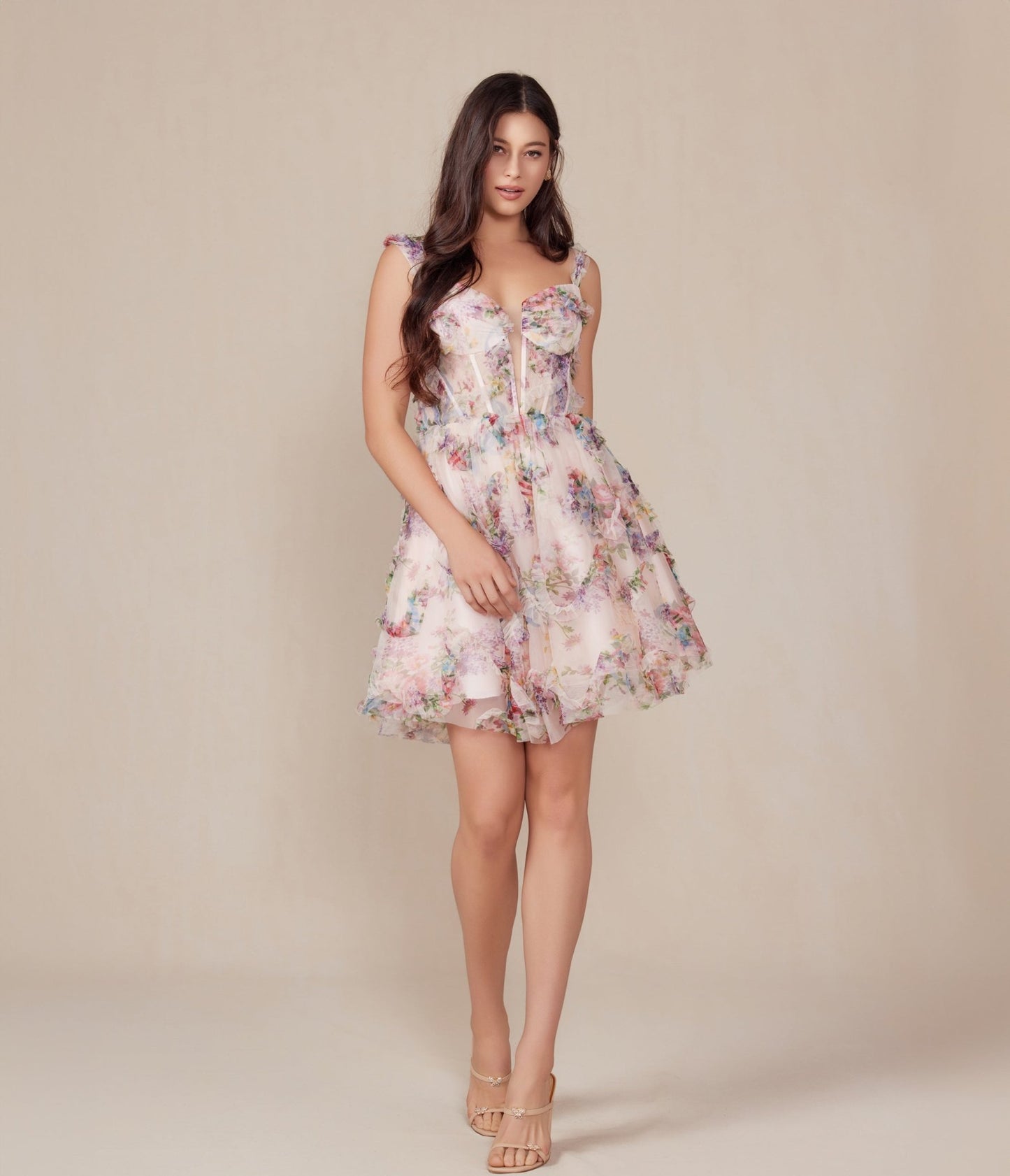 Blush Floral Print A - Line Mini Prom Dress - Unique Vintage - Womens, DRESSES, PROM AND SPECIAL OCCASION