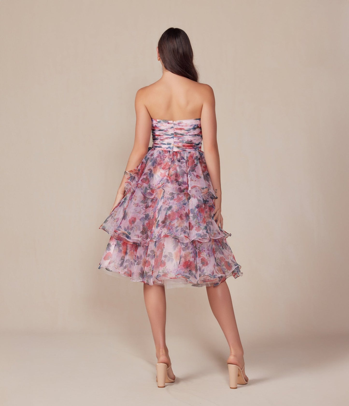 Blush Floral Print Short A - Line Strapless Prom Dress - Unique Vintage - Womens, DRESSES, PROM AND SPECIAL OCCASION