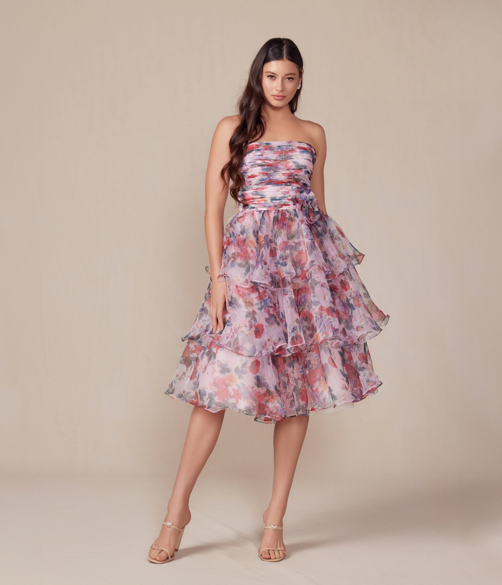 Blush Floral Print Short A - Line Strapless Prom Dress - Unique Vintage - Womens, DRESSES, PROM AND SPECIAL OCCASION