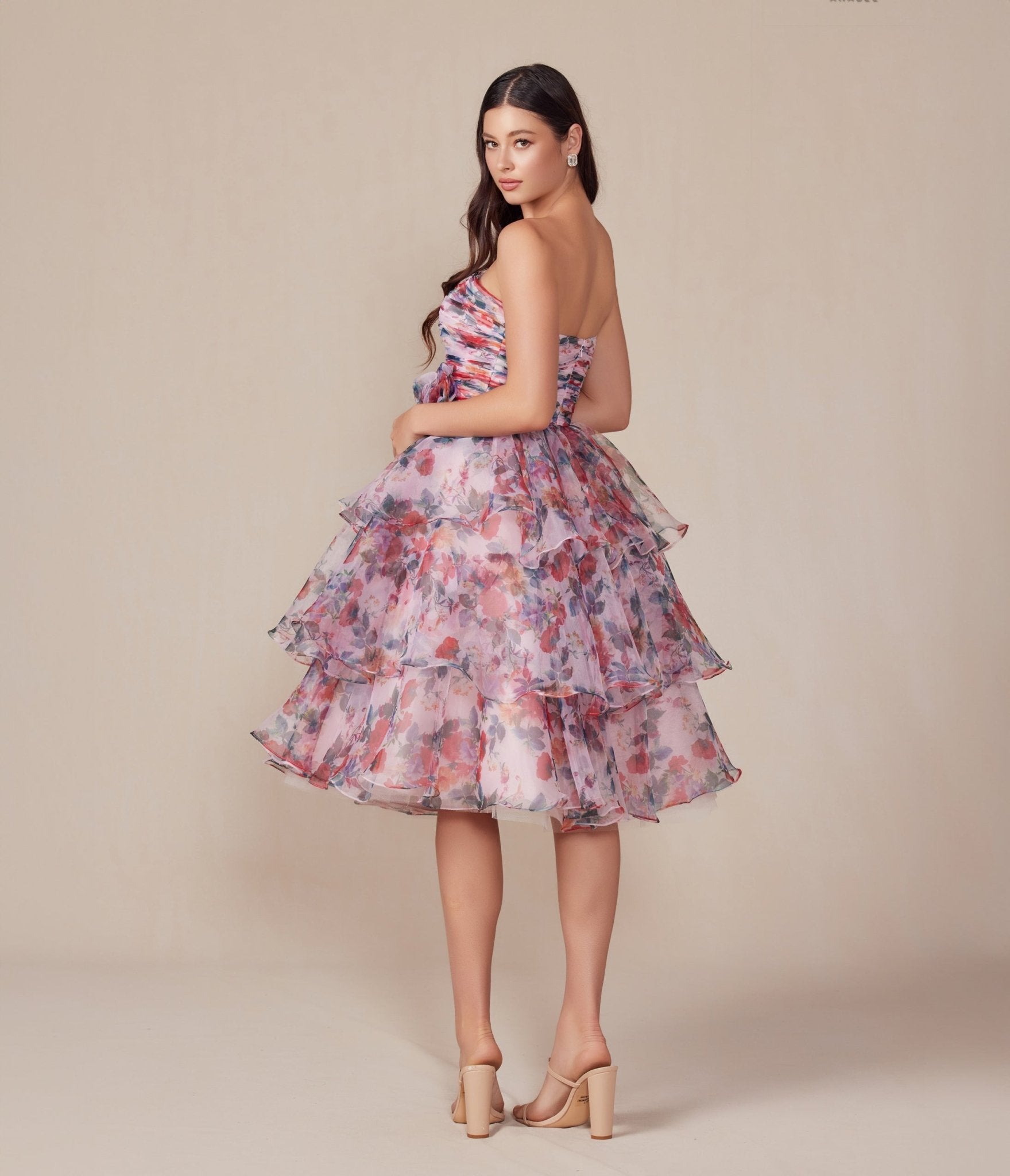 Blush Floral Print Short A - Line Strapless Prom Dress - Unique Vintage - Womens, DRESSES, PROM AND SPECIAL OCCASION