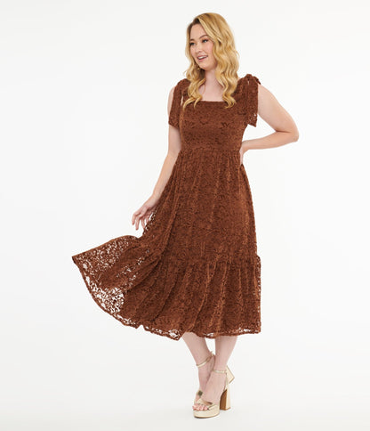 Brown Velvet Lace Midi Dress - Unique Vintage - Womens, DRESSES, MIDI