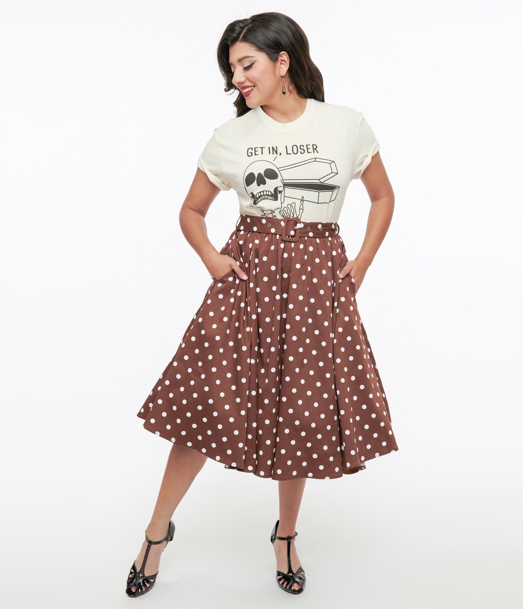 Brown & White Polka Dot Paula Swing Skirt - Unique Vintage - Womens, BOTTOMS, SKIRTS