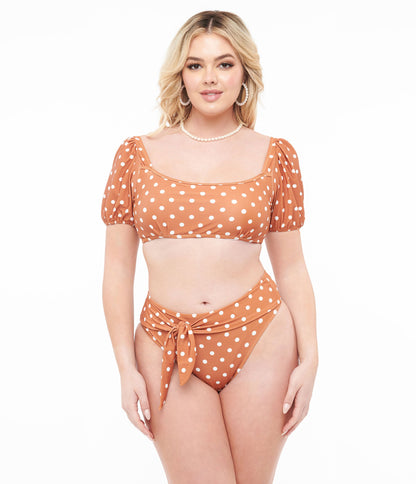 Brown & White Polka Dot Swim Set - Unique Vintage - Womens, SWIM, 1 PC