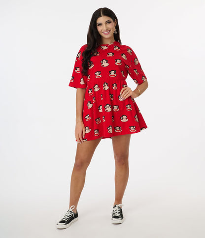 Cakeworthy Paul Frank Red Retro Julius Mini Dress - Unique Vintage - Womens, DRESSES, A - LINE