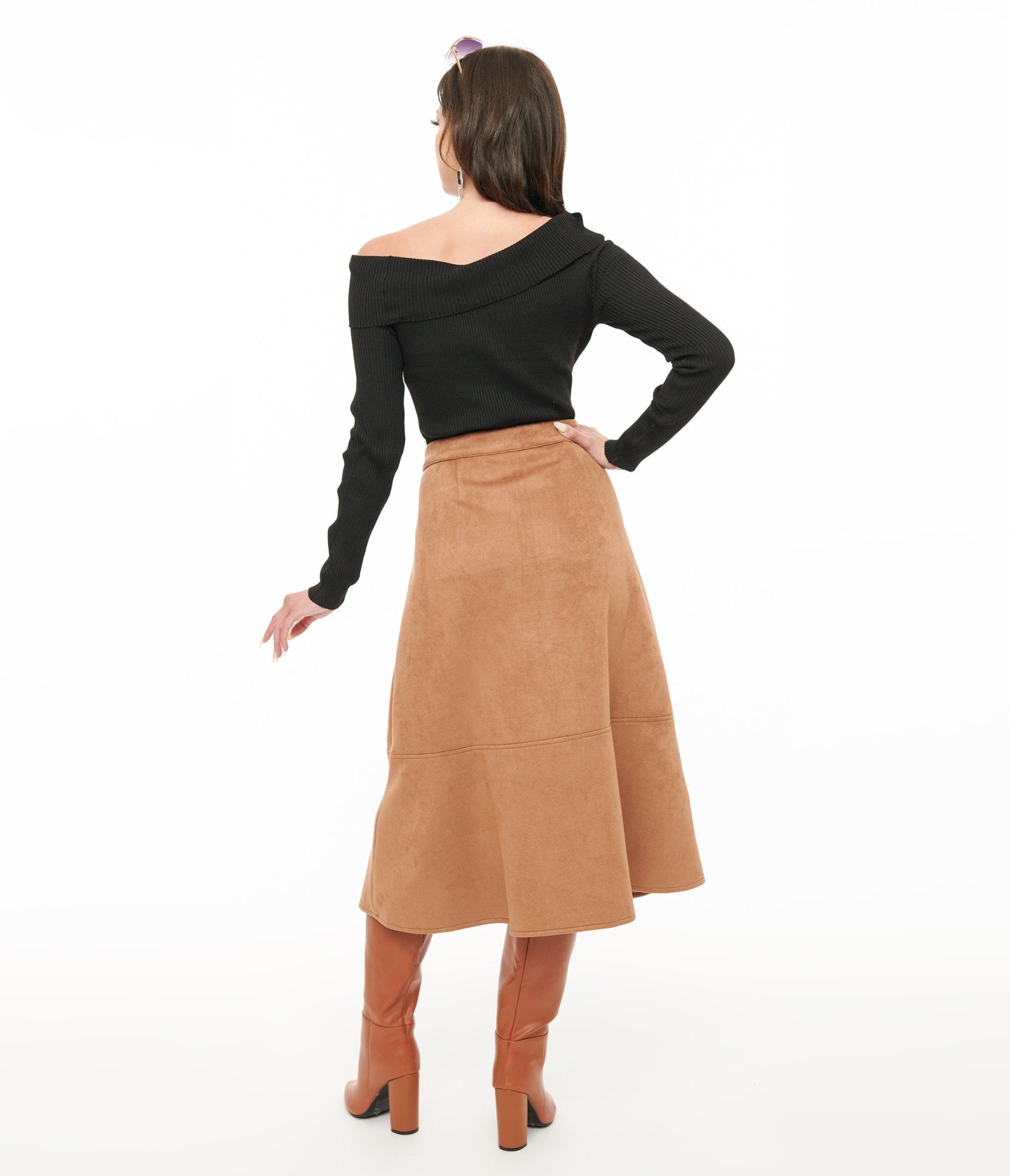 Camel Suede Button Up Midi Skirt Unique Vintage