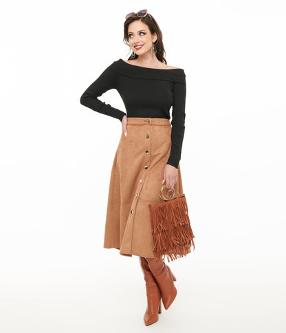 Camel Suede Button Up Midi Skirt - Unique Vintage - Womens, BOTTOMS, SKIRTS