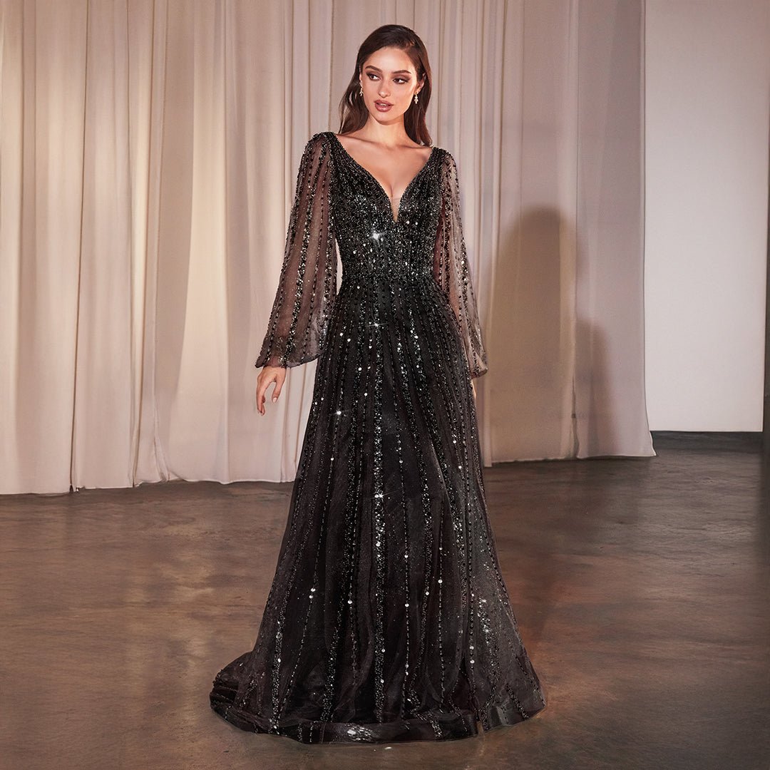 Cinderella Divine Black Beaded Long Sleeve A - Line Prom Dress - Unique Vintage - Womens, DRESSES, PROM AND SPECIAL OCCASION