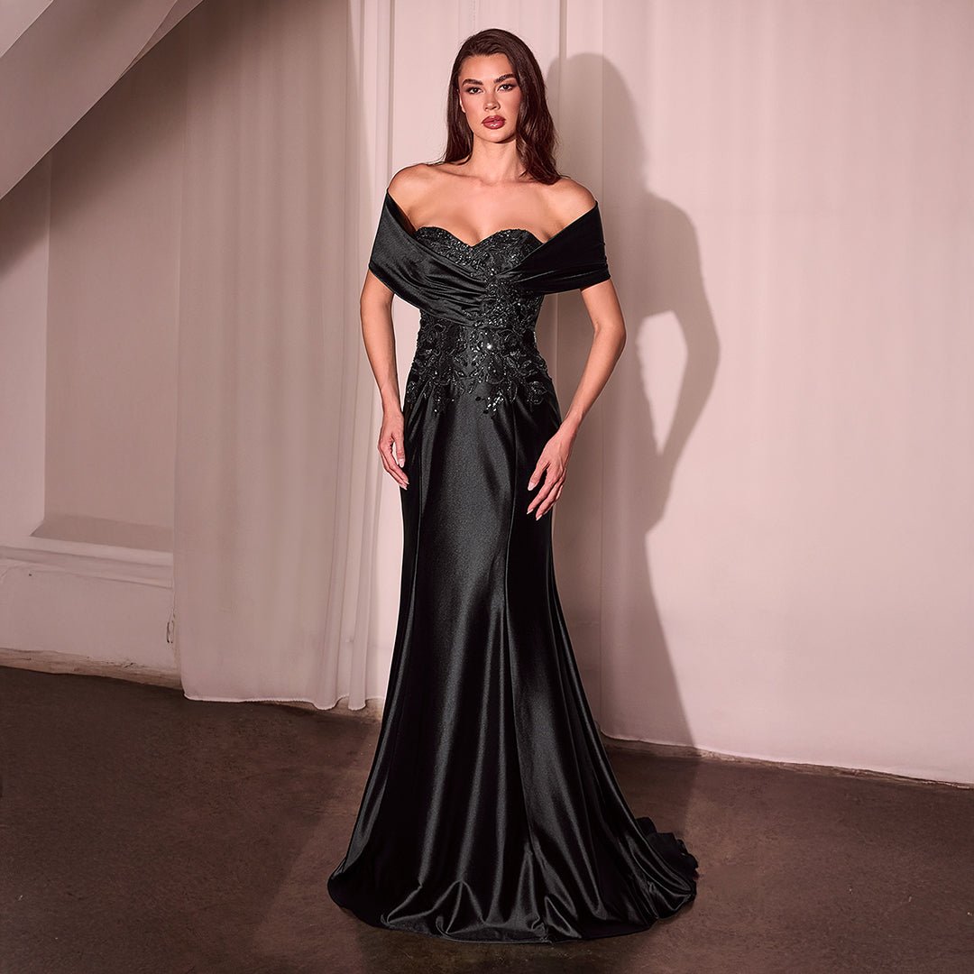 Cinderella Divine Black Satin Off Shoulder Mermaid Prom Dress - Unique Vintage - Womens, DRESSES, PROM AND SPECIAL OCCASION