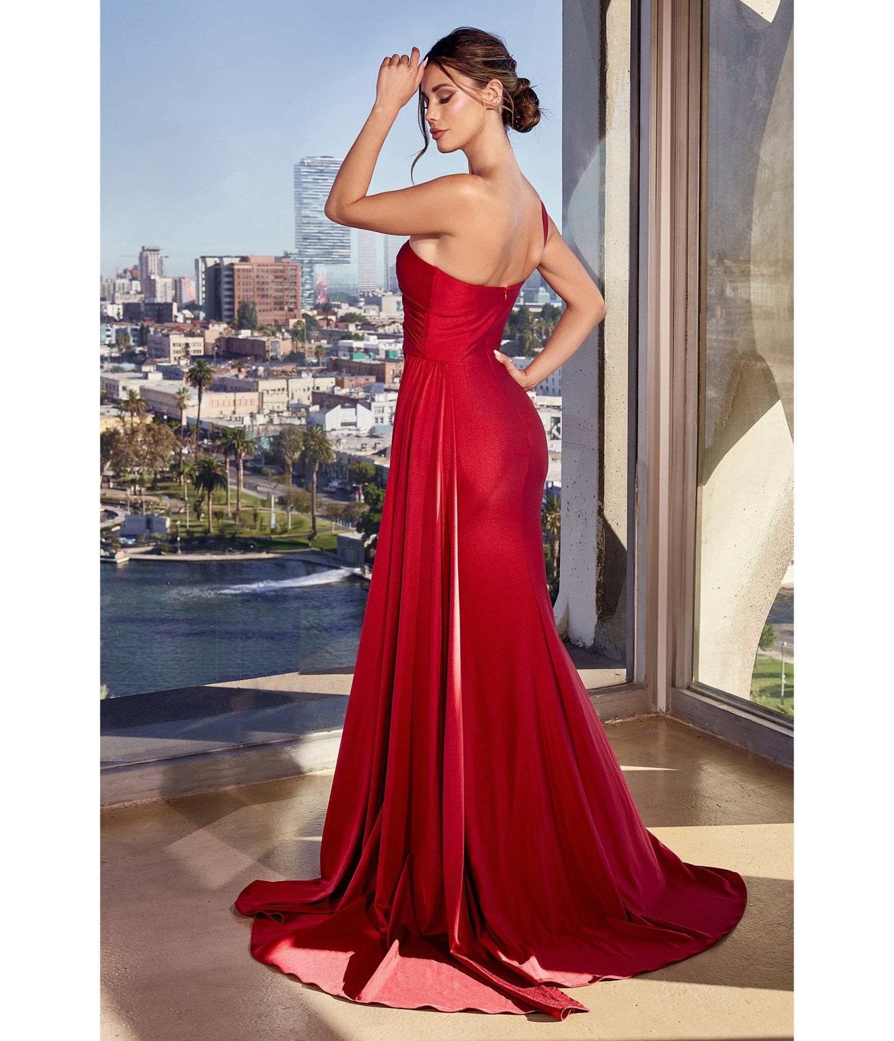 Cinderella Divine Burgundy Fitted One Shoulder Satin Bridesmaid Dress Unique Vintage