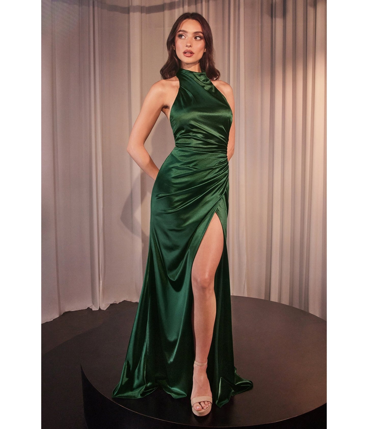 Cinderella Divine Deep Emerald Fitted Satin Halter Bridesmaid Dress - Unique Vintage - Womens, DRESSES, PROM SPECIAL OCCASION