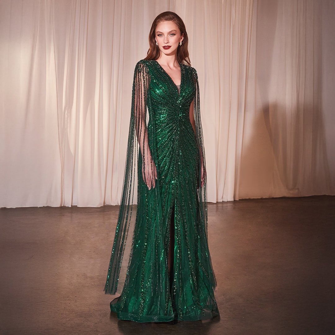 Cinderella Divine Emerald Beaded Cape Sleeve Slit Prom Dress - Unique Vintage - Womens, DRESSES, PROM AND SPECIAL OCCASION