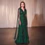 Ladivine by Cinderella Divine Emerald Beaded Cape Sleeve Slit Prom Dress