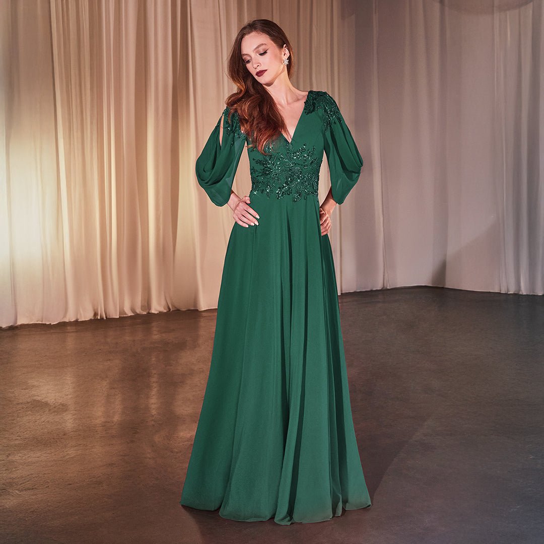 Cinderella Divine Emerald Chiffon Split Sleeve Prom Gown - Unique Vintage - Womens, DRESSES, PROM AND SPECIAL OCCASION