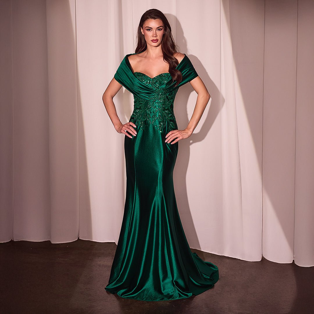 Cinderella Divine Emerald Satin Off Shoulder Mermaid Prom Dress - Unique Vintage - Womens, DRESSES, PROM AND SPECIAL OCCASION