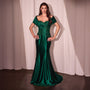 Ladivine by Cinderella Divine Emerald Satin Off Shoulder Mermaid Prom Dress