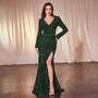 Ladivine by Cinderella Divine Emerald Sequin Faux Wrap Long Sleeve Prom Gown