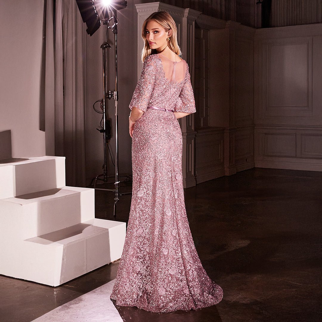 Cinderella Divine Mauve Lace Fitted Mid - Sleeve Prom Dress - Unique Vintage - Womens, DRESSES, PROM AND SPECIAL OCCASION