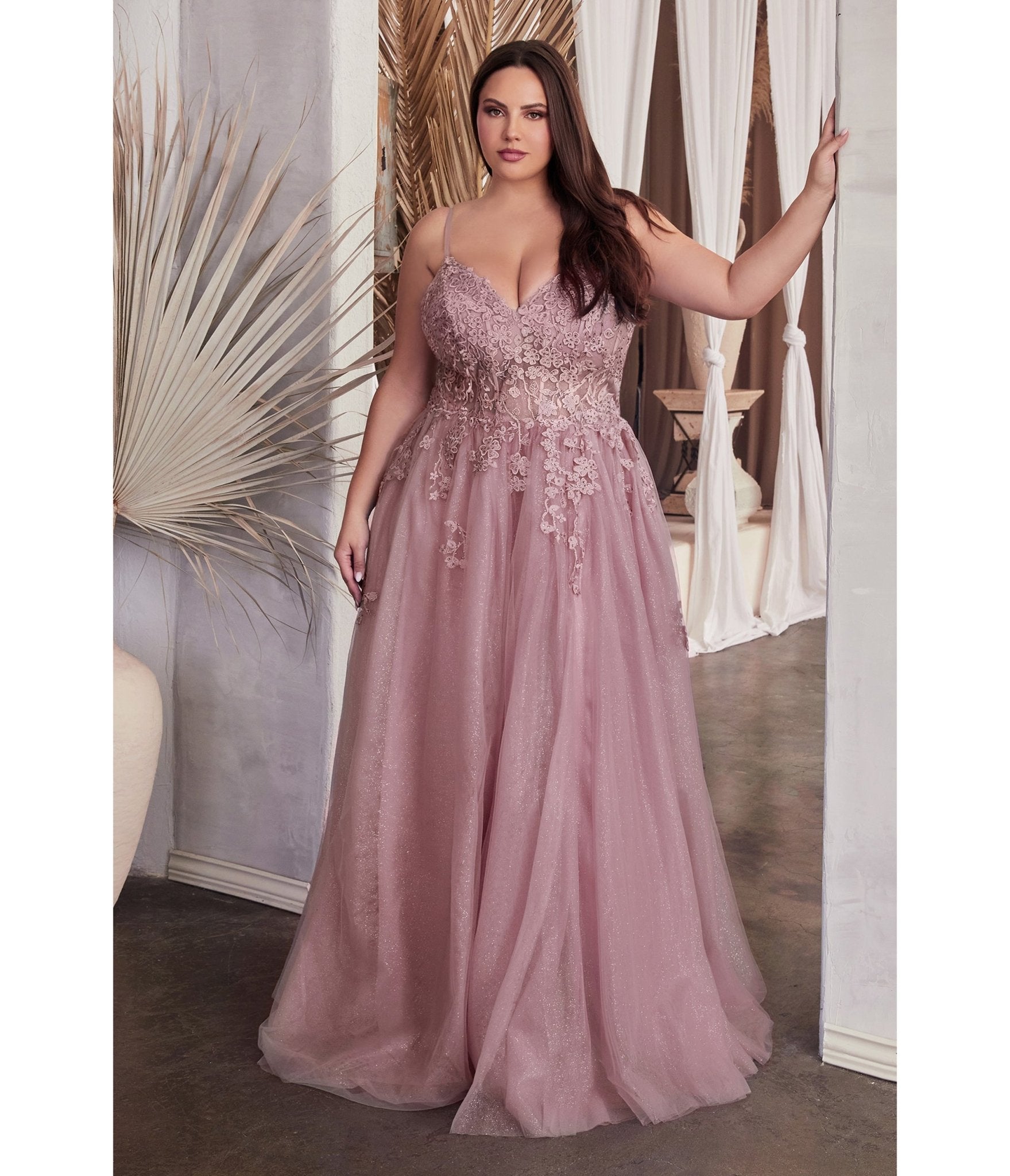 Cinderella Divine Plus Size Dusty Mauve A Line Lace & Tulle Bridesmaid Gown - Unique Vintage - DRESSES, PROM SPECIAL OCCASION