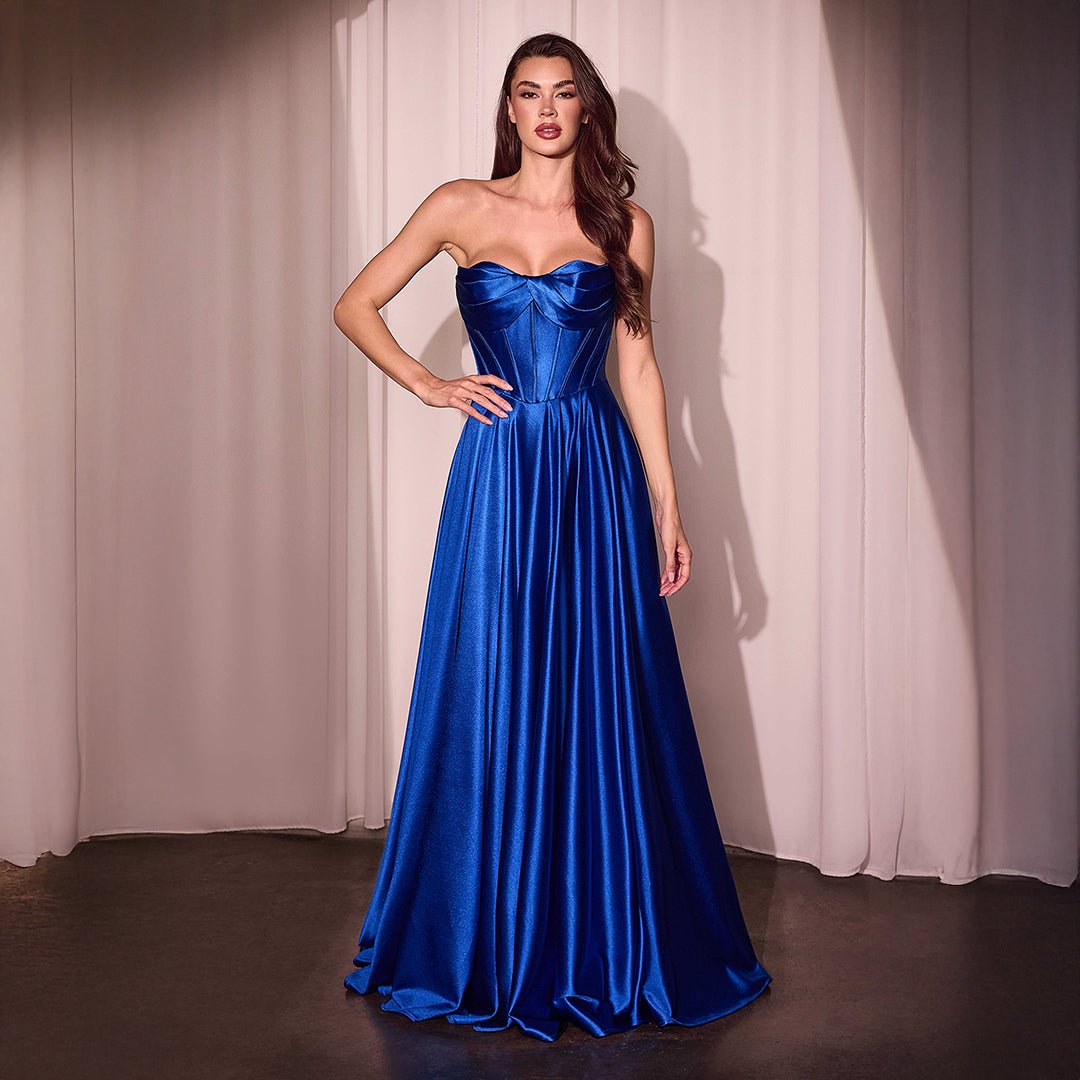 Cinderella Divine Royal Blue Satin Strapless A-Line Slit Prom Dress - Unique Vintage - Womens, DRESSES, SPECIAL OCCASION