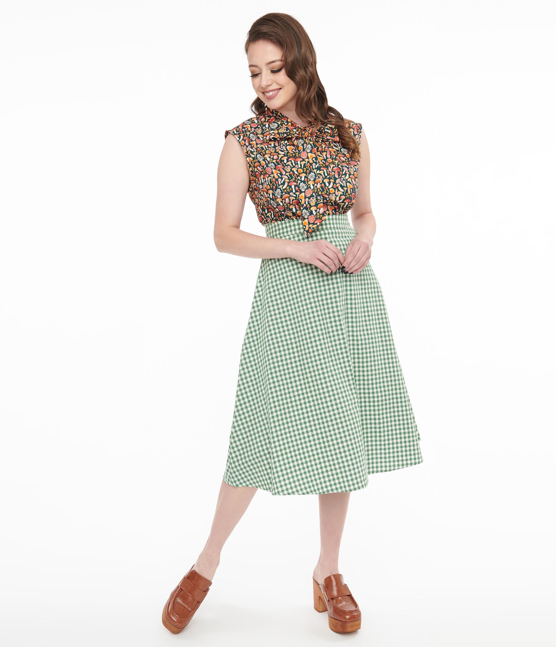 Collectif 1930s Green & White Gingham Hetty Swing Skirt - Unique Vintage - Womens, BOTTOMS, SKIRTS