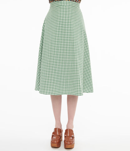 Collectif 1930s Green & White Gingham Hetty Swing Skirt - Unique Vintage - Womens, BOTTOMS, SKIRTS