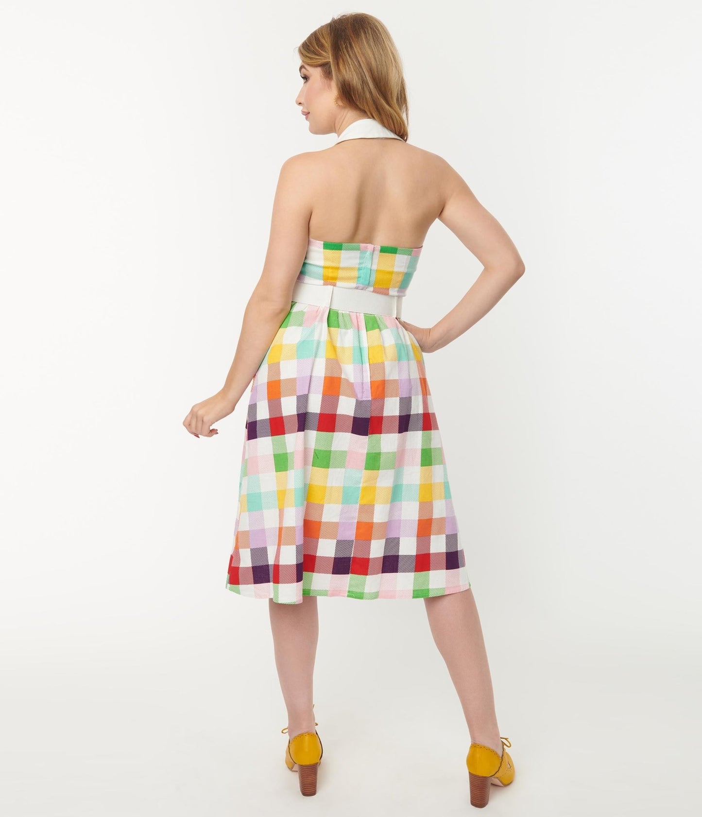 Collectif Rainbow Checkered Halter Waverly Swing Dress - Unique Vintage - Womens, DRESSES, SWING