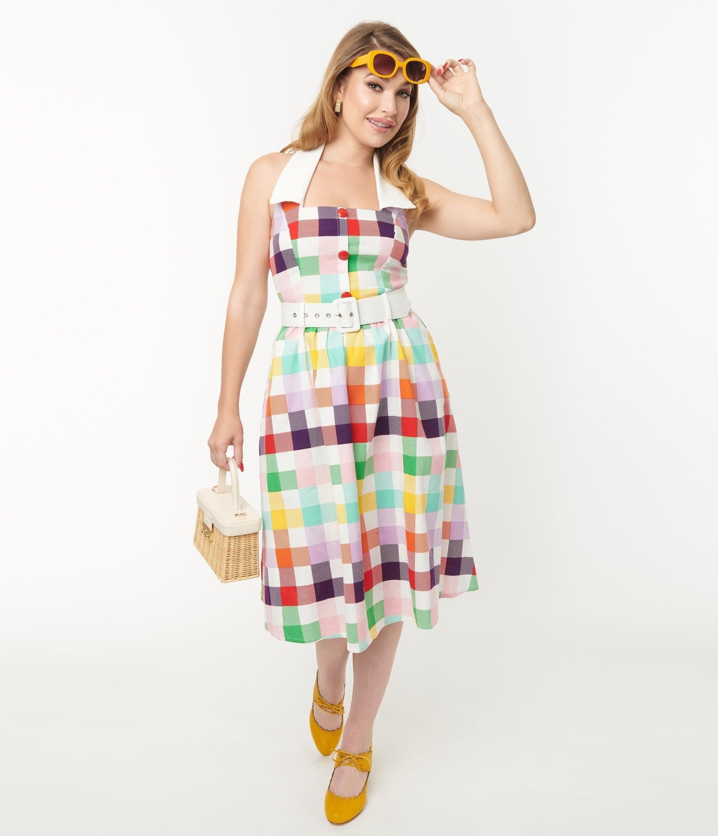 Collectif Rainbow Checkered Halter Waverly Swing Dress - Unique Vintage - Womens, DRESSES, SWING