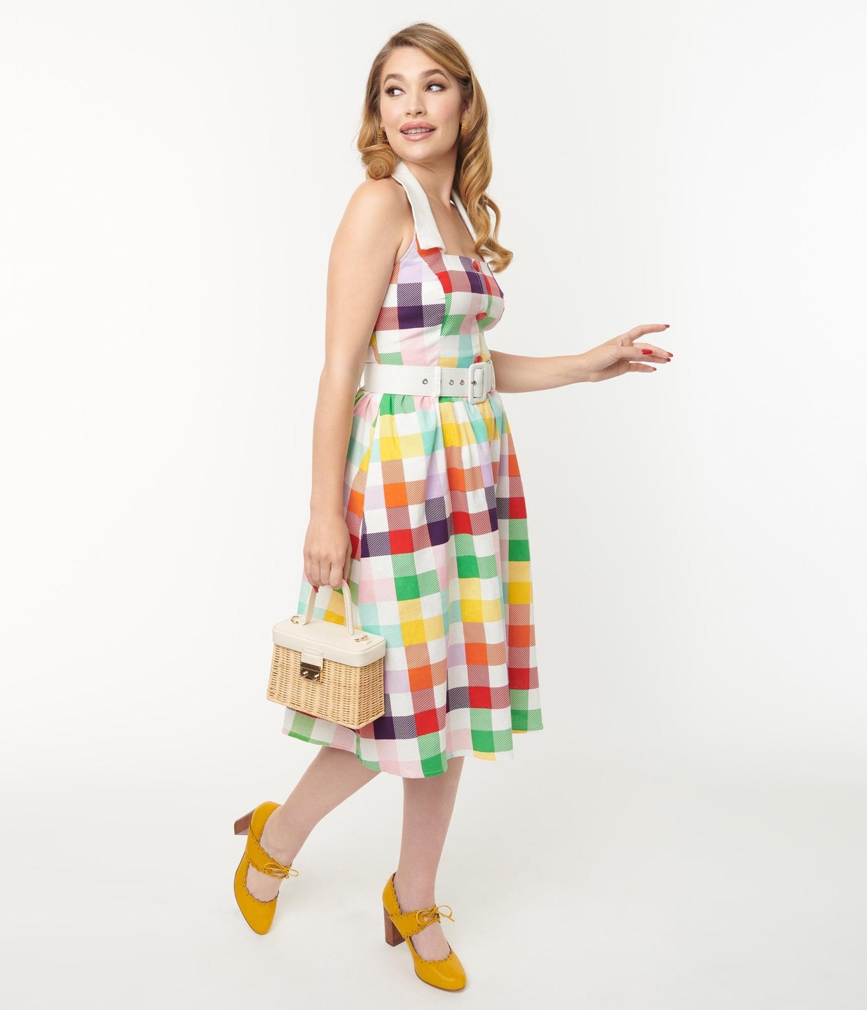 Collectif Rainbow Checkered Halter Waverly Swing Dress - Unique Vintage - Womens, DRESSES, SWING