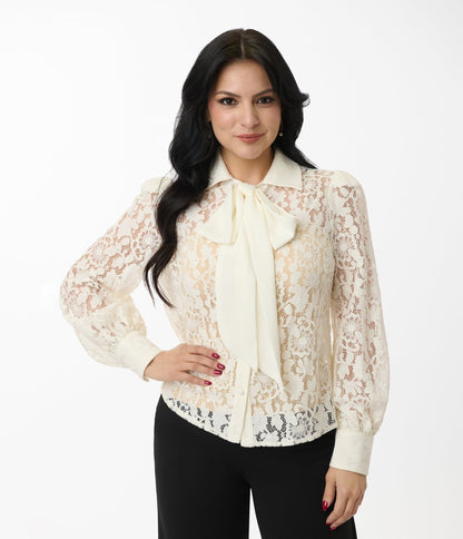 Cream Floral Lace Necktie Blouse - Unique Vintage - Womens, TOPS, WOVEN TOPS