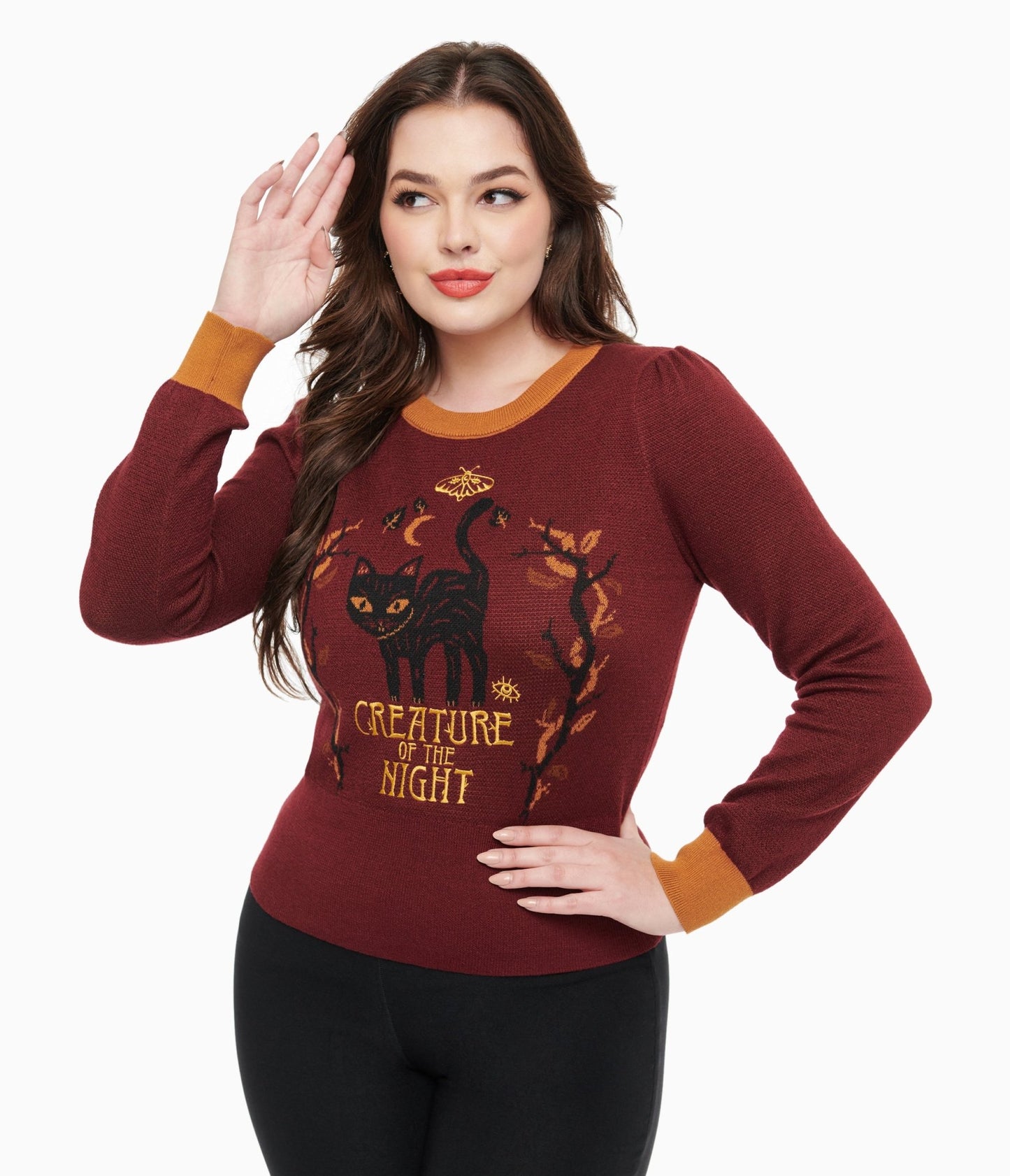 Disney Hocus Pocus Collection by Unique Vintage Burgundy Binx Hocus Pocus Embroidered Sweater - Unique Vintage - Womens, TOPS