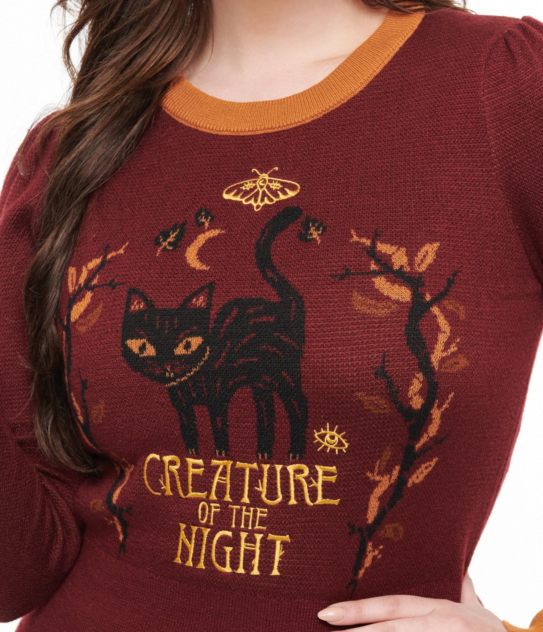 Disney Hocus Pocus Collection by Unique Vintage Burgundy Binx Hocus Pocus Embroidered Sweater - Unique Vintage - Womens, TOPS