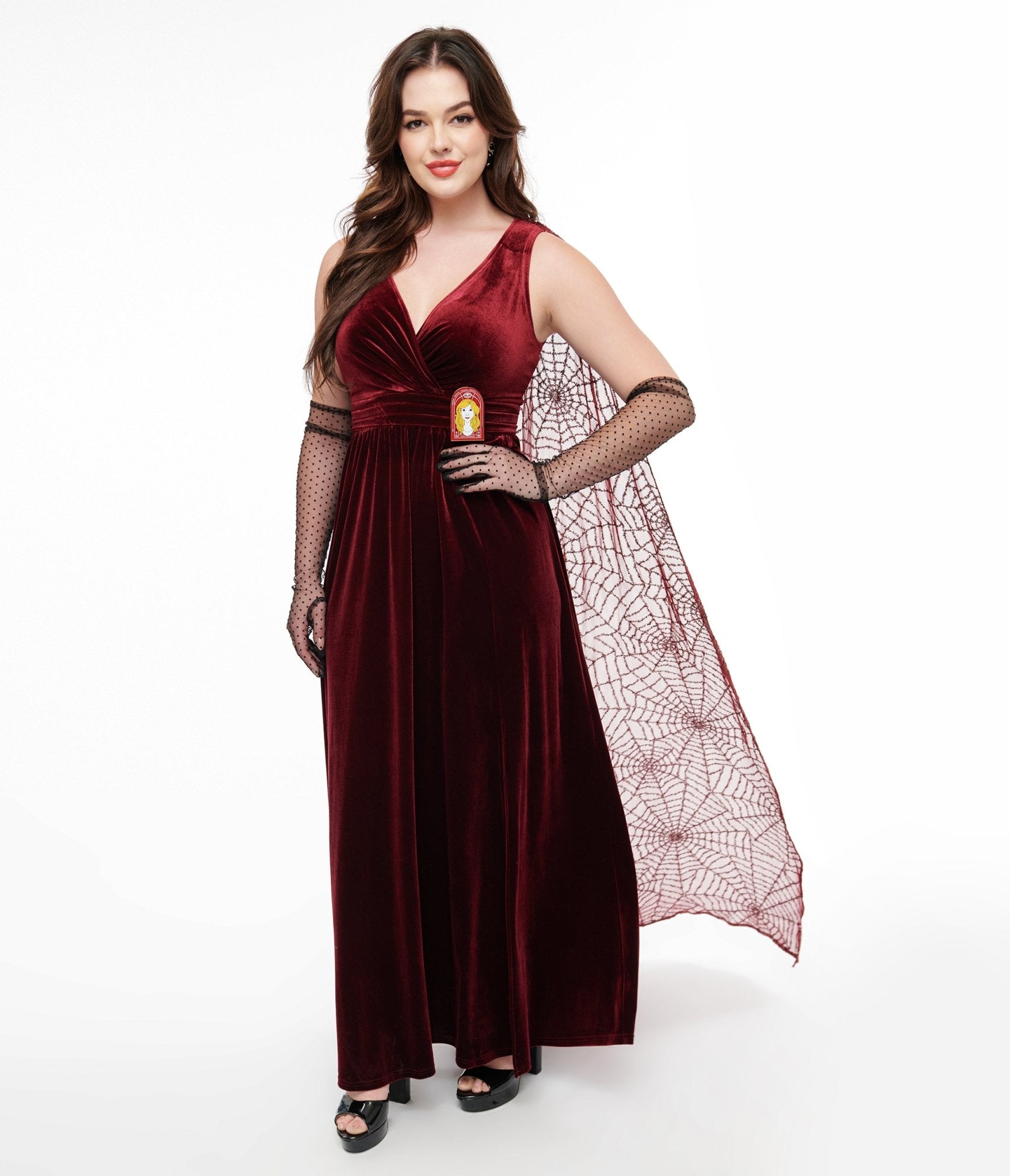 Disney Hocus Pocus Collection by Unique Vintage Burgundy Velvet & Spiderweb Sequin Cape Gown Unique Vintage - Womens, DRESSES