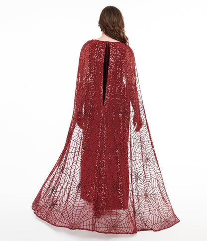 Disney Hocus Pocus Collection by Unique Vintage Burgundy Velvet & Spiderweb Sequin Cape Gown Unique Vintage - Womens, DRESSES