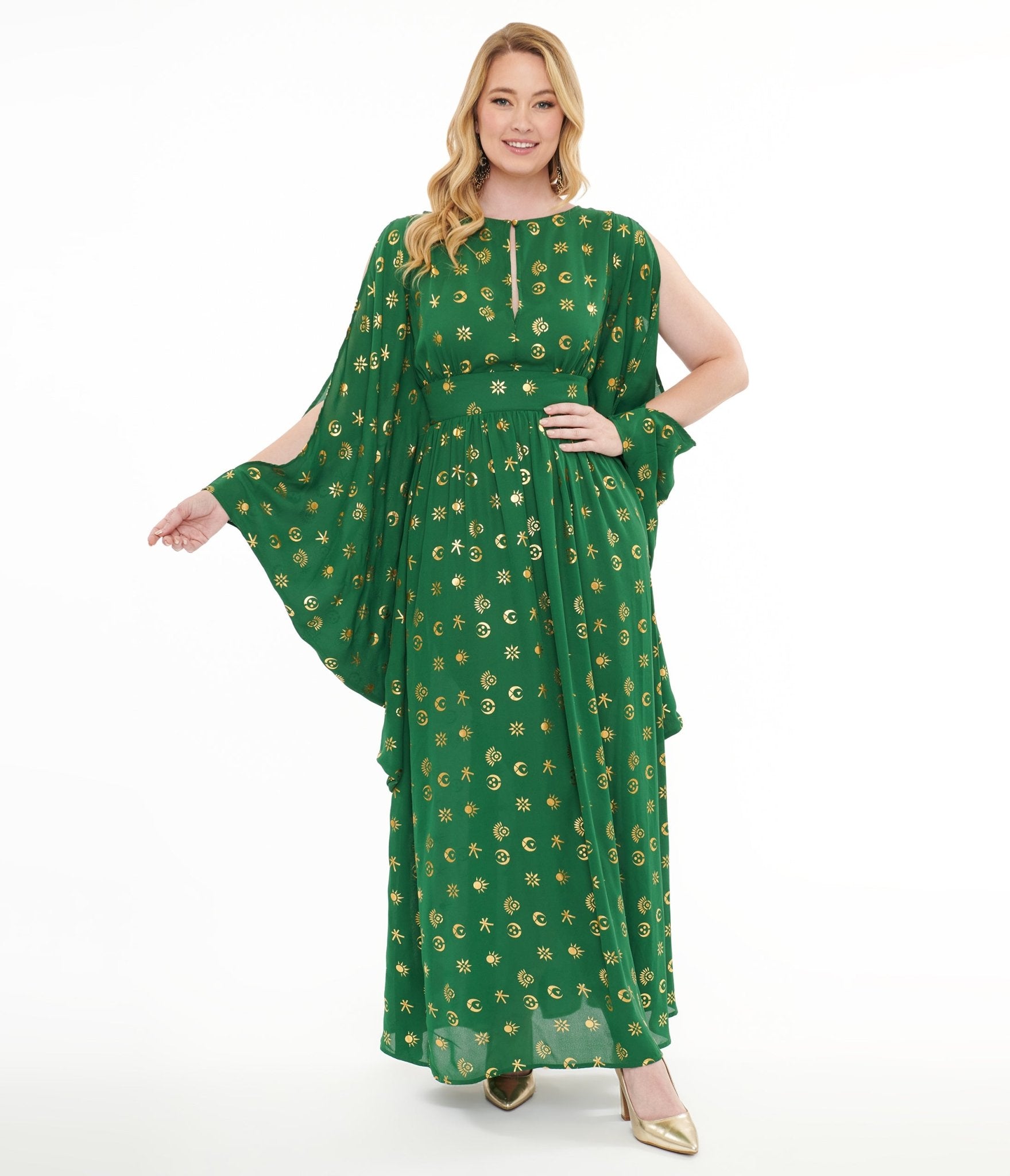 Disney Hocus Pocus Collection by Unique Vintage Green & Gold Moon Print Caftan - Unique Vintage - Womens, DRESSES, MAXI