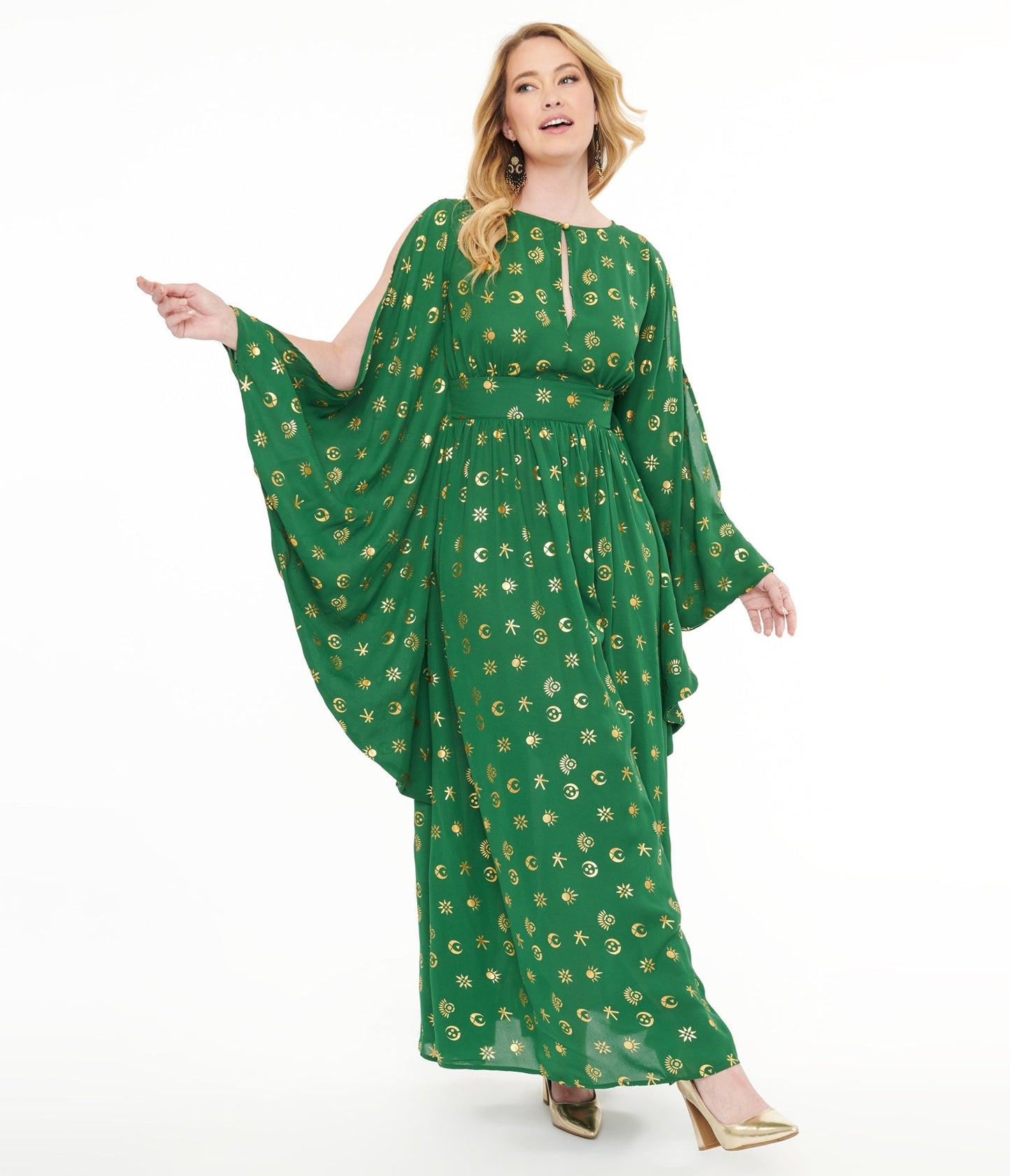 Disney Hocus Pocus Collection by Unique Vintage Green & Gold Moon Print Caftan - Unique Vintage - Womens, DRESSES, MAXI