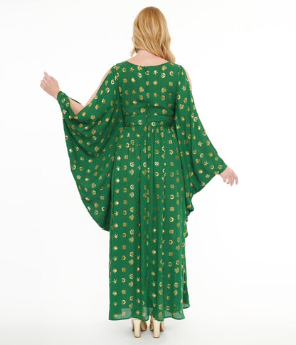 Disney Hocus Pocus Collection by Unique Vintage Green & Gold Moon Print Caftan - Unique Vintage - Womens, DRESSES, MAXI