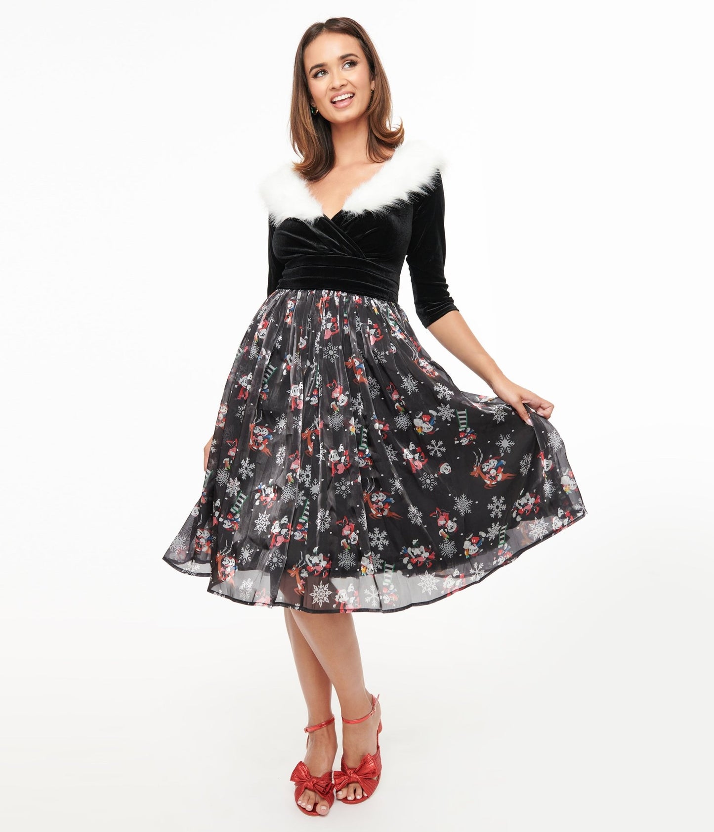 Disney Holiday Collection by Unique Vintage Minnie & Mickey Fur Collared Swing Dress - Unique Vintage - Women, DRESSES, SWING