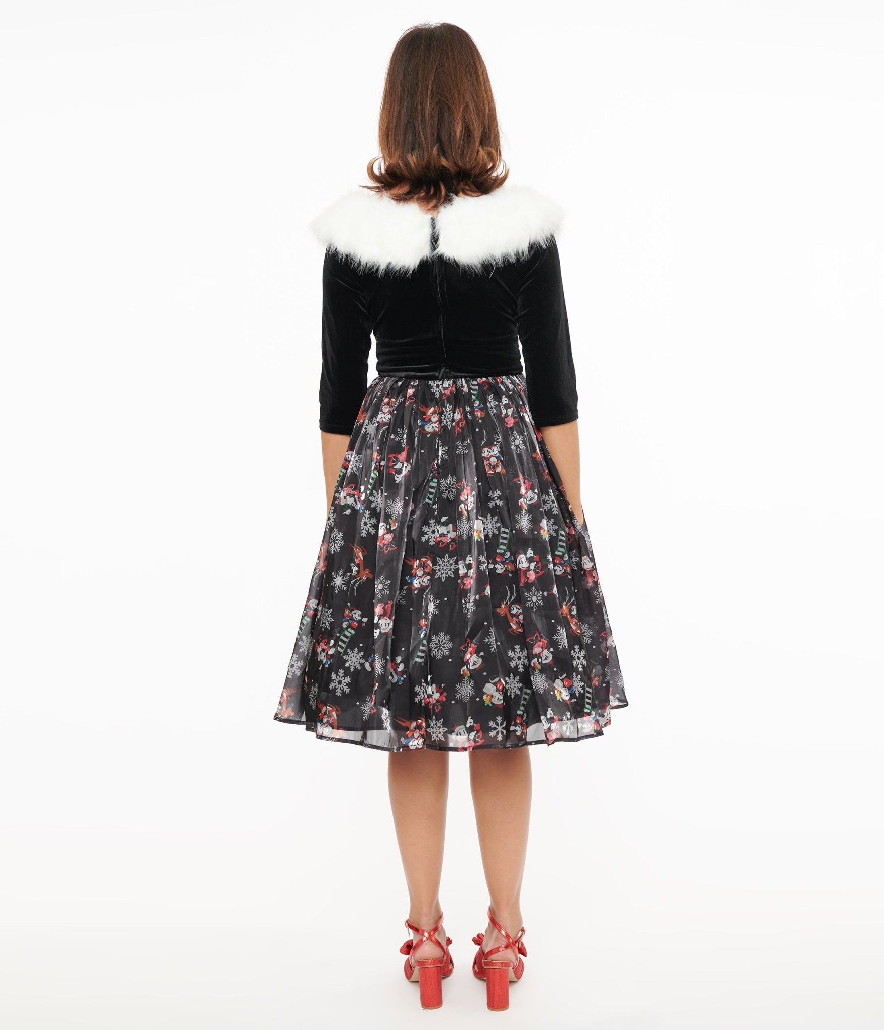 Disney Holiday Collection by Unique Vintage Minnie & Mickey Fur Collared Swing Dress - Unique Vintage - Women, DRESSES, SWING