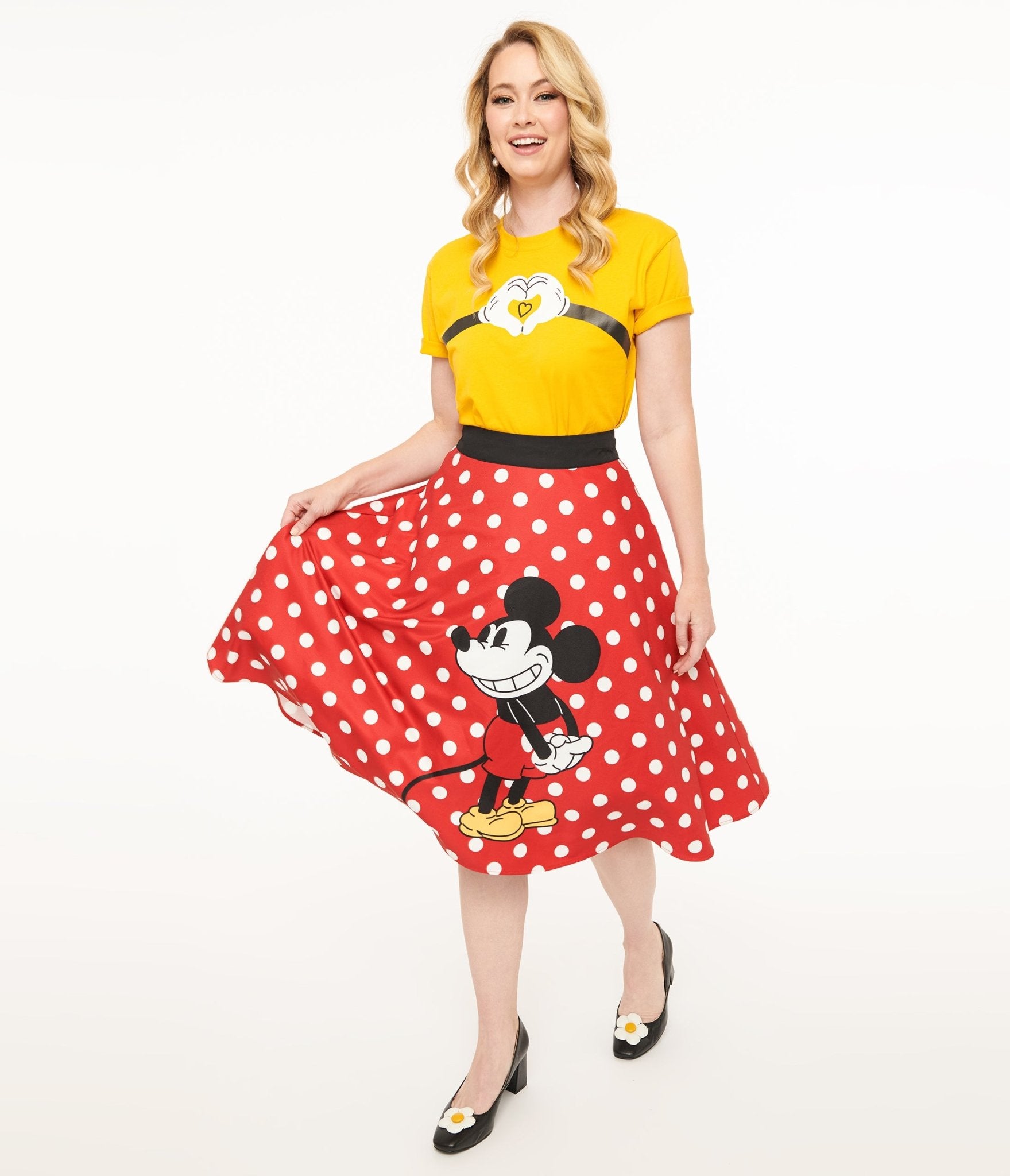 Retro 2024 50’s Style Skirt in Red and Black Minny Mouse Print Cotton with Pockets with Bows