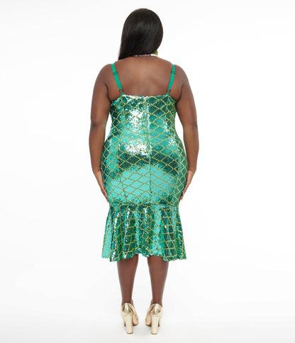 Disney Princess x Unique Vintage Plus Size Ariel Green & Gold Sequin Wiggle Dress - Unique Vintage - Womens, DRESSES, WIGGLE