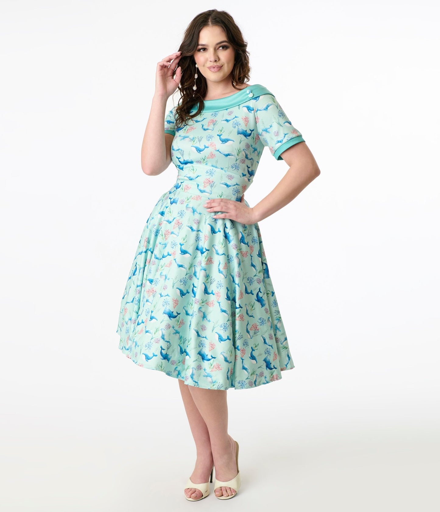 Dolly & Dotty 1950s Baby Blue Whale Print Darlene Swing Dress - Unique Vintage - Womens, DRESSES, SWING