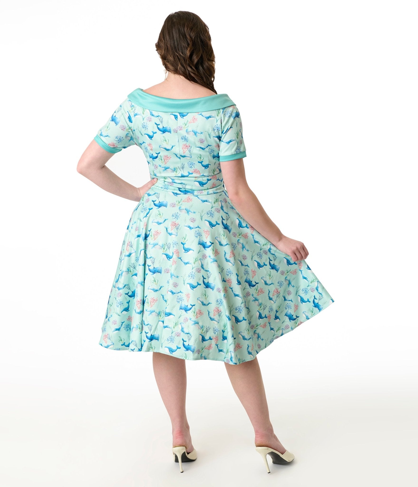 Dolly & Dotty 1950s Baby Blue Whale Print Darlene Swing Dress - Unique Vintage - Womens, DRESSES, SWING