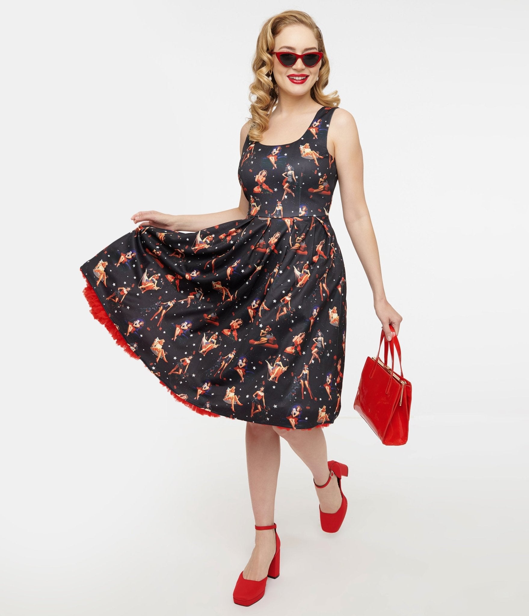 Dolly & Dotty 1950s Black & Pinup Print Amanda Swing Dress - Unique Vintage - Womens, DRESSES, SWING