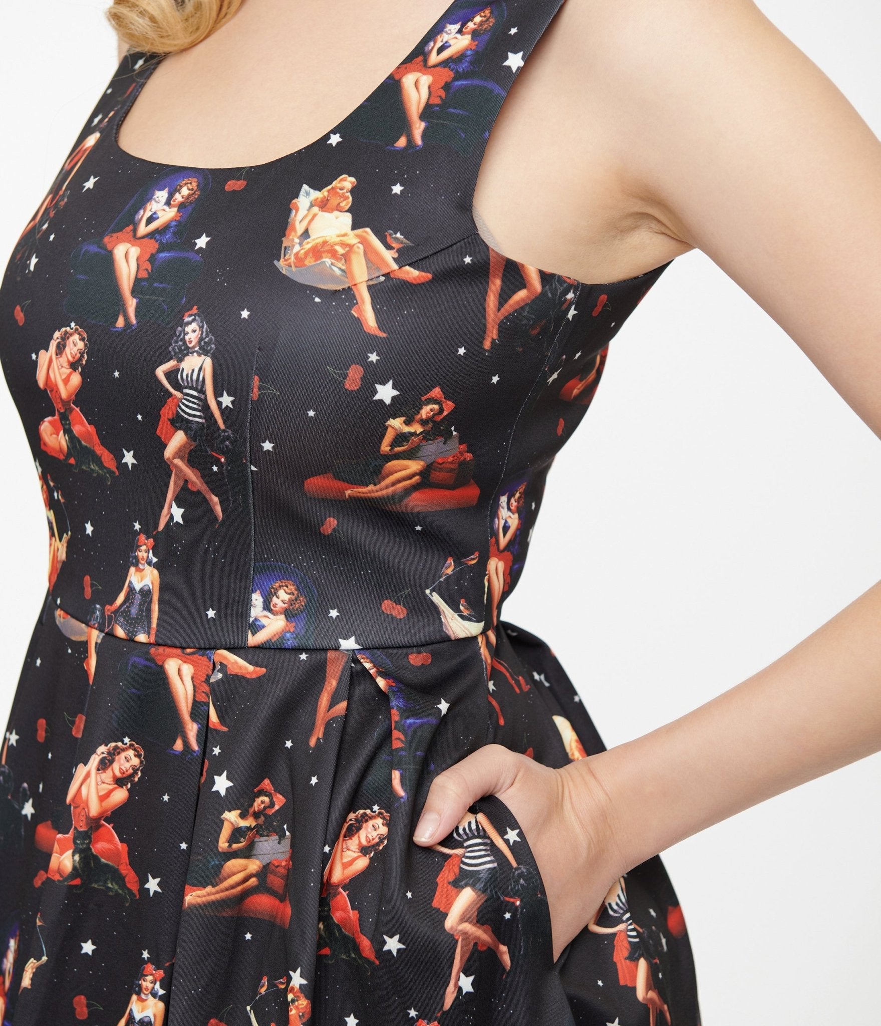 Dolly & Dotty 1950s Black & Pinup Print Amanda Swing Dress - Unique Vintage - Womens, DRESSES, SWING