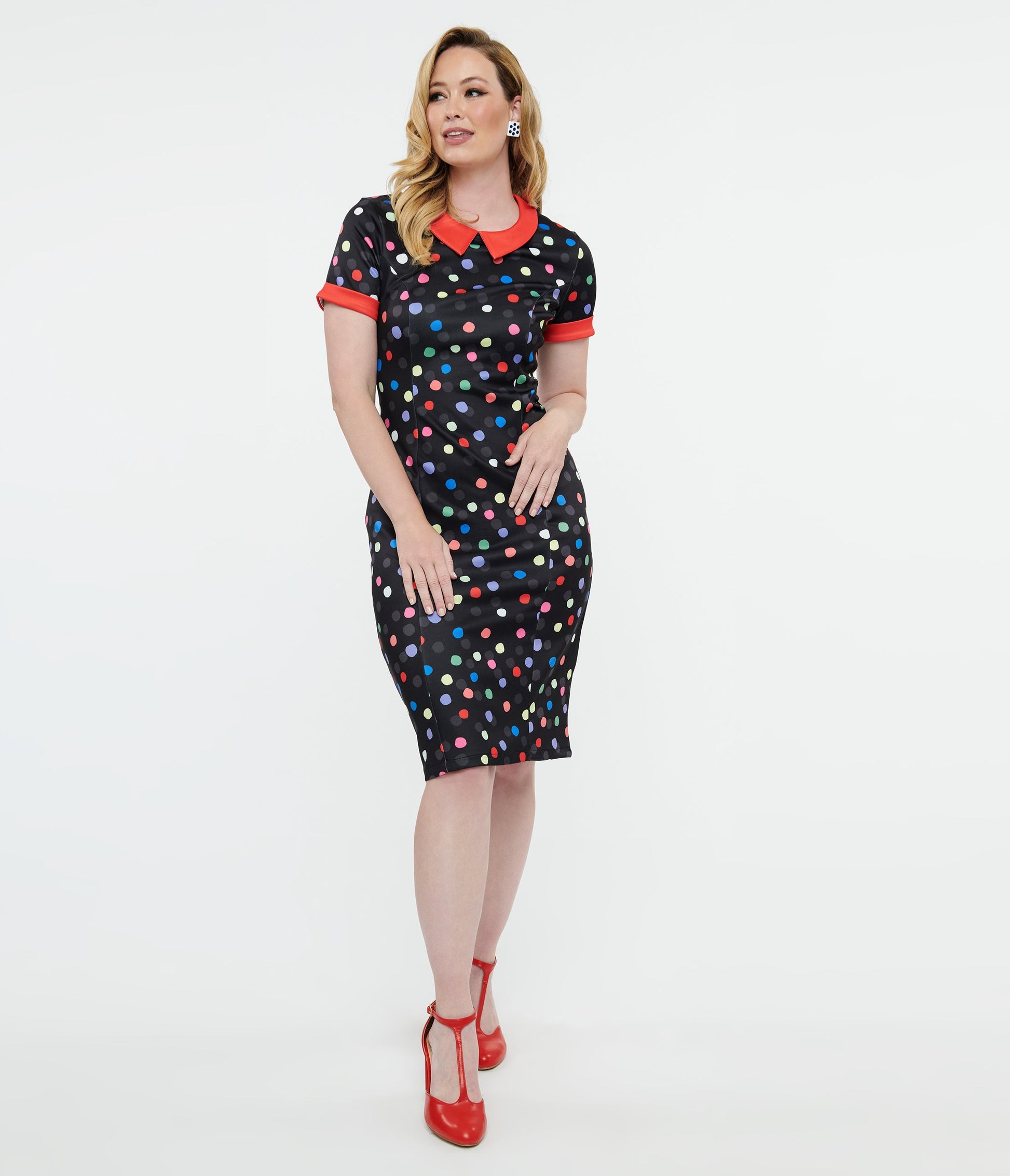 Dolly & Dotty 1950s Black & Rainbow Polka Dot Toni Wiggle Dress - Unique Vintage - Womens, DRESSES, WIGGLE