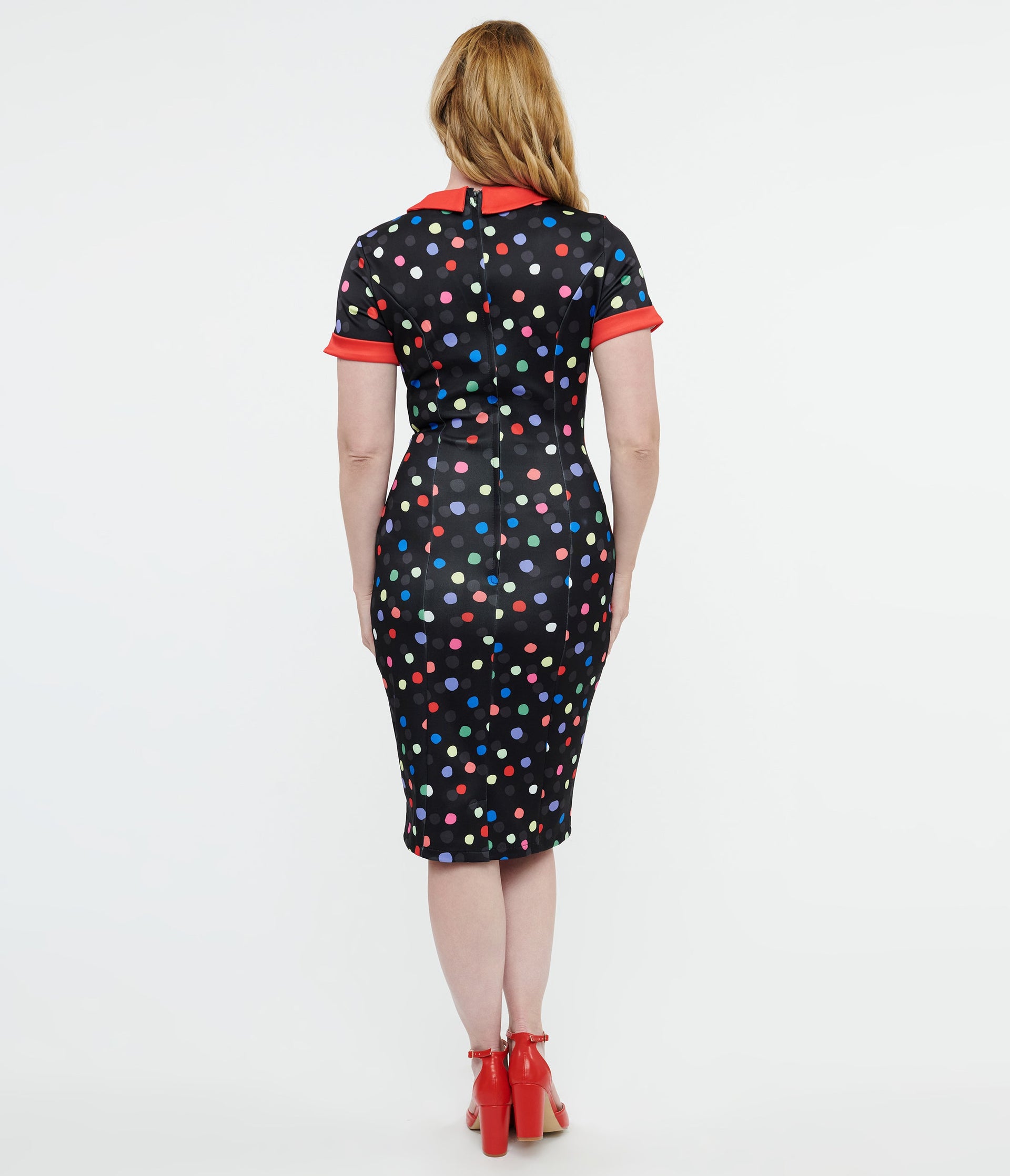 Dolly & Dotty 1950s Black & Rainbow Polka Dot Toni Wiggle Dress - Unique Vintage - Womens, DRESSES, WIGGLE