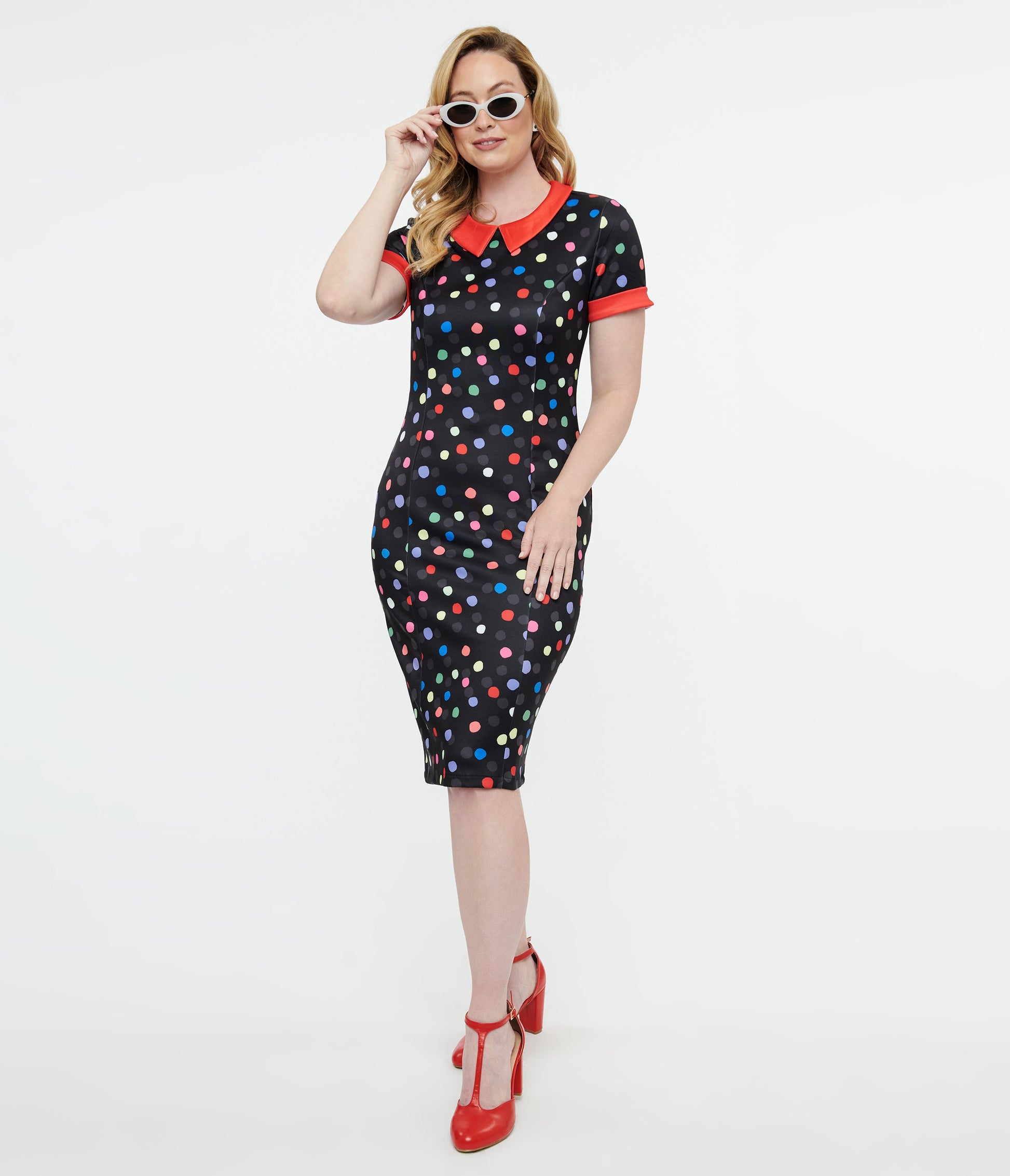 Dolly & Dotty 1950s Black & Rainbow Polka Dot Toni Wiggle Dress - Unique Vintage - Womens, DRESSES, WIGGLE