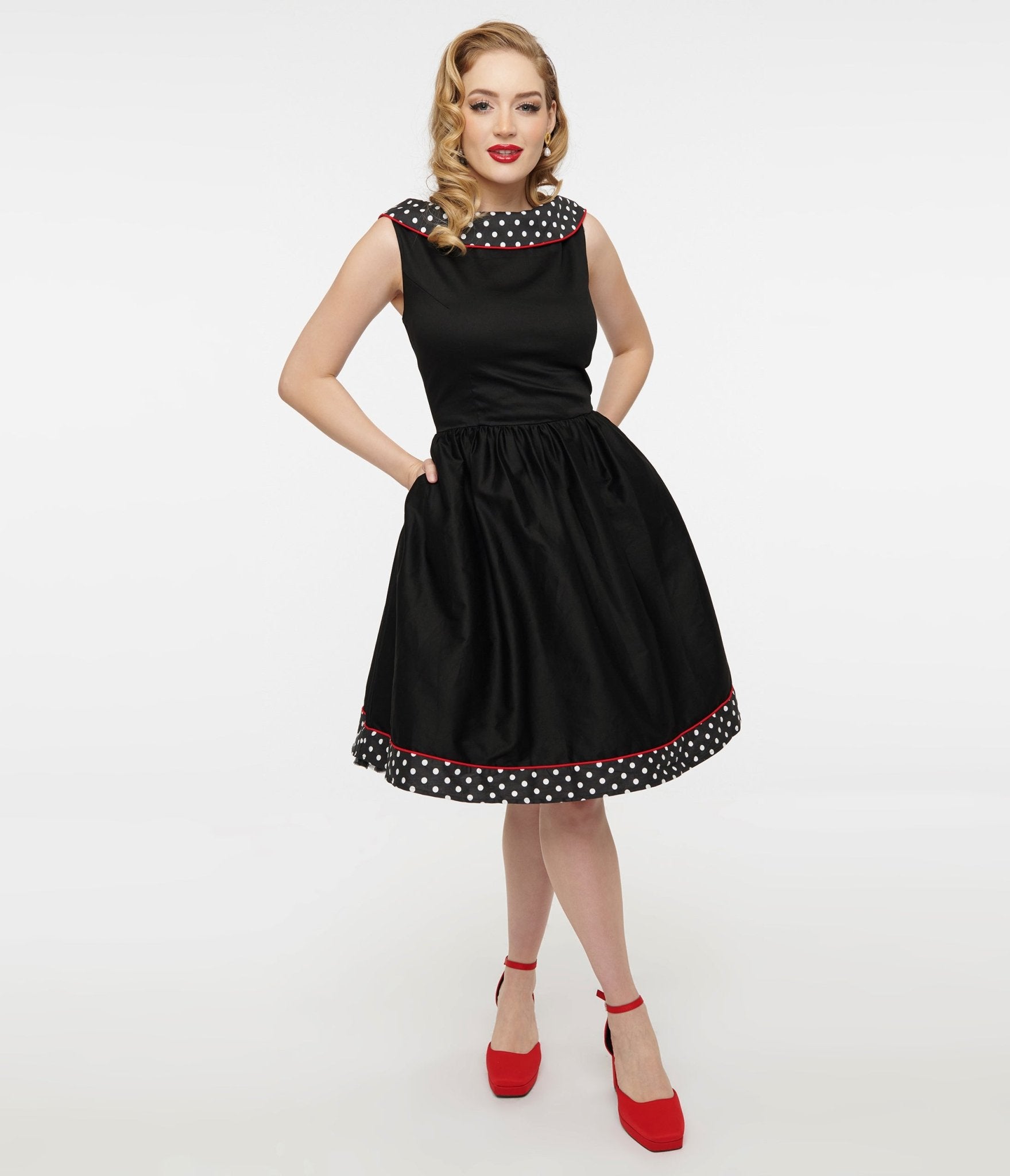 Dolly & Dotty 1950s Black & White Polka Dot Cindy Swing Dress - Unique Vintage - Womens, DRESSES, SWING