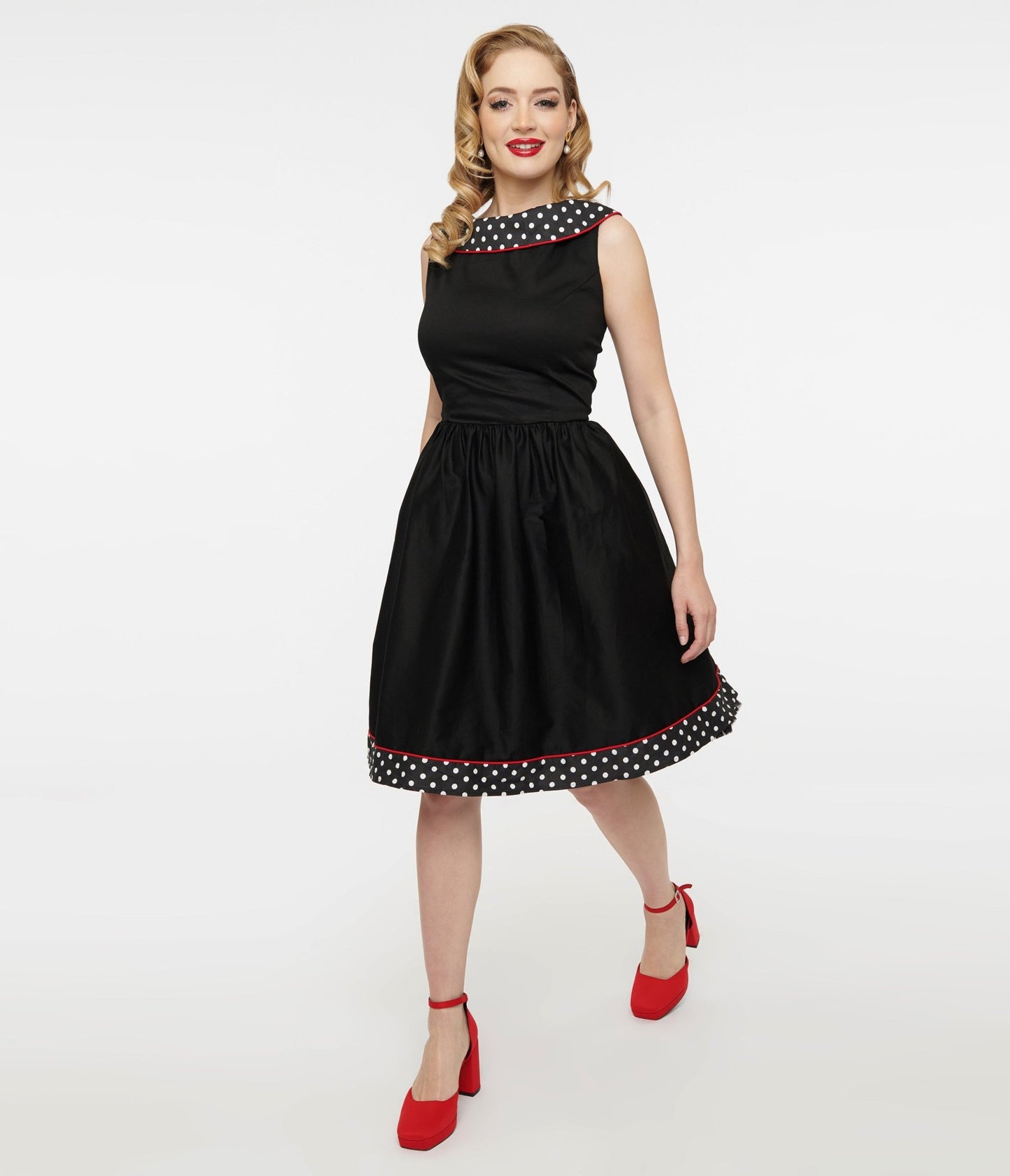 Dolly & Dotty 1950s Black & White Polka Dot Cindy Swing Dress - Unique Vintage - Womens, DRESSES, SWING