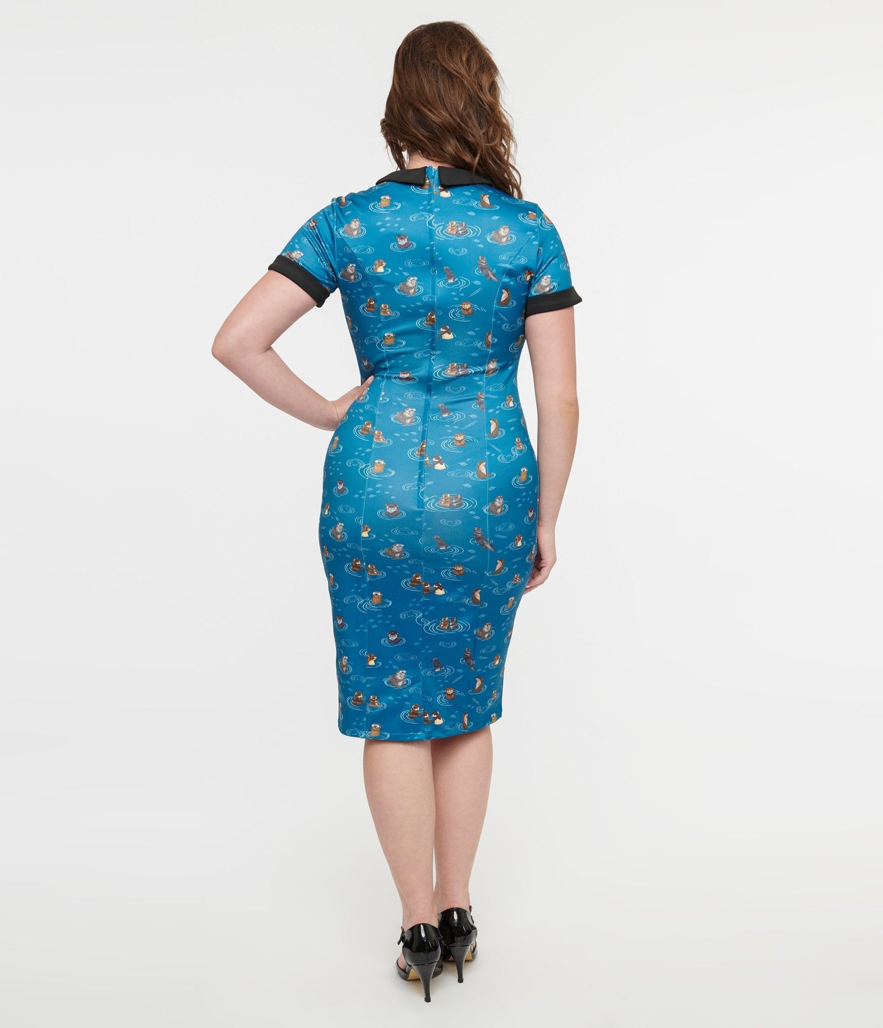 Dolly & Dotty 1950s Blue Otter Print Toni Wiggle Dress - Unique Vintage - Womens, DRESSES, WIGGLE